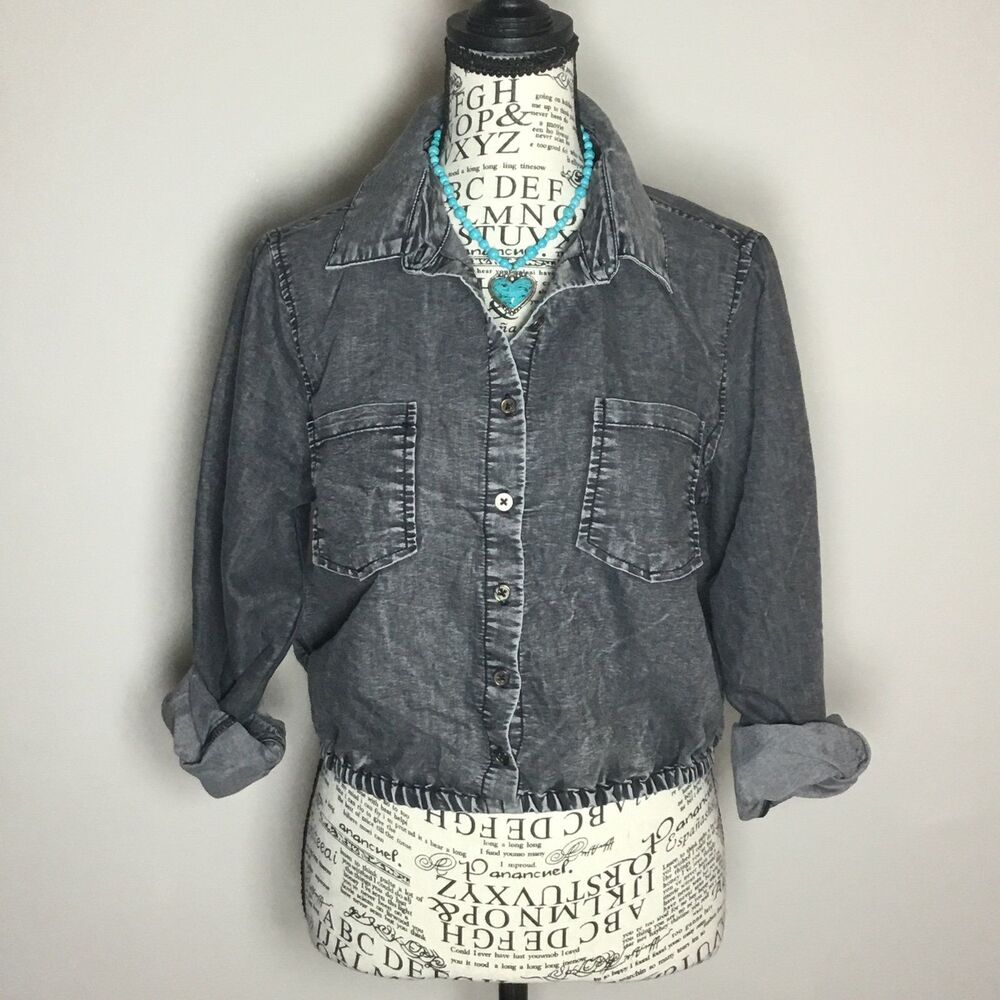 Black denim button down shirt elastic waist western hippie boho chic Cowgirl M